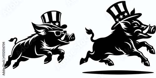 boar. 4th of July Independence Day American Flag Patriotism Usa America Clipart Vector Illustration. Ferocious swine feral pig woodland hog tusked beast wildlife fauna.