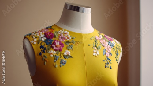 Colorful floral embroidery on yellow dress mannequin bodice
