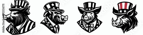 boar. 4th of July Independence Day American Flag Patriotism Usa America Clipart Vector Illustration. Fierce tusked hog potent forest swine wild pig woodland creature.