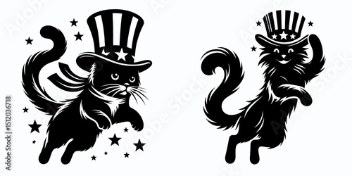 Black Cat. 4th of July Independence Day American Flag Patriotism Usa America Clipart Vector Illustration. Ebony feline a dark omen good luck charm or simply domestic companion.