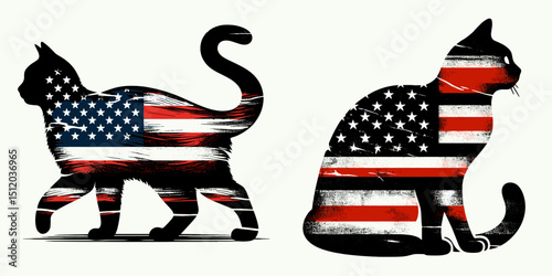 Black Cat. 4th of July Independence Day American Flag Patriotism Usa America Clipart Vector Illustration. Ebony feline a sign fortune good omens and unique pet adoption appeal.
