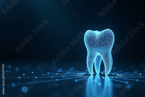 Futuristic glowing low polygonal human molar tooth isolated on dark blue background. Dentistry, teeth care concept. Modern wire frame mesh design. AI