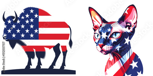 Bison Sphynx Cat. 4th of July Independence Day American Flag Patriotism Usa America Clipart Vector Illustration. buffalo hairless kitten breed unusual feline pet.
