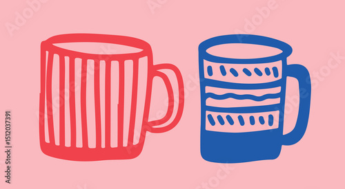 Coffee drawing, engraving, ink, line art, vector. Red blue	
