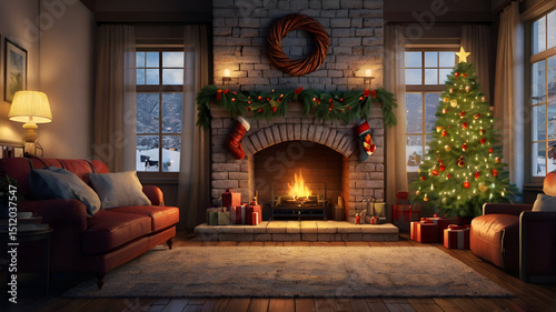 Christmas fireplace 3D Rendering Christmas interior stockings gifts tree Generate AI,
