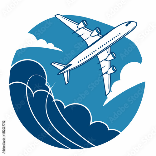 Passenger airplane flying against a blue sky with clouds, in a minimalistic and modern vector style