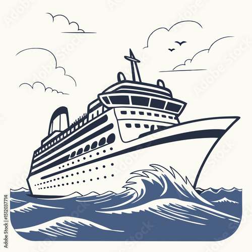 Large cruise ship sailing on open water, depicted in white and blue colors with minimal details
