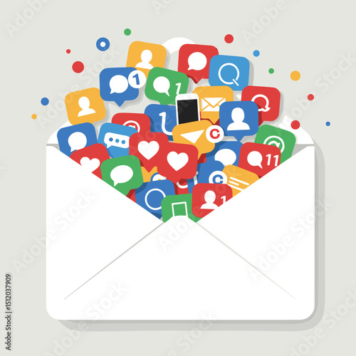 Vector illustration of an open envelope filled with various social media icons and notifications