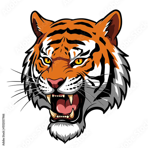 Vector illustration of a roaring tiger head with vibrant orange fur and fierce expression
