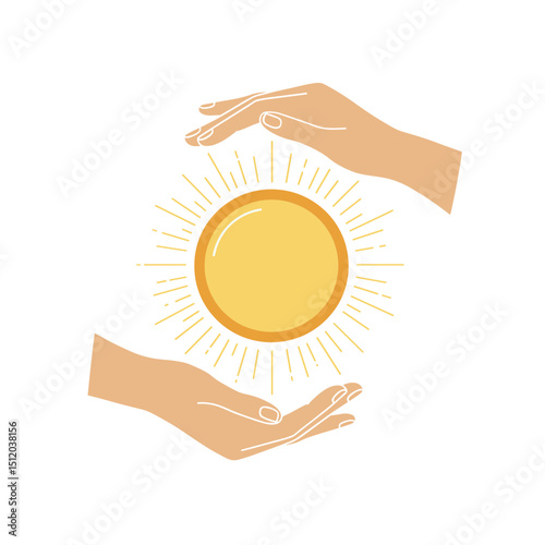 Vector illustration of two hands encircling a sun symbol, representing warmth and positivity