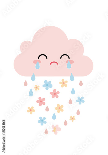 Vector illustration of a sad cloud with raindrops and flowers falling down