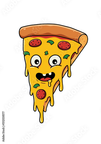 Vector illustration of a happy slice of pizza with a big smile and gooey cheese