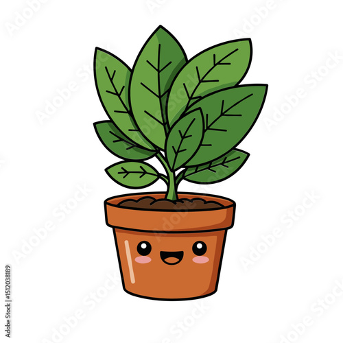 Vector illustration of a happy plant in a pot with cheerful expression and vibrant green leaves