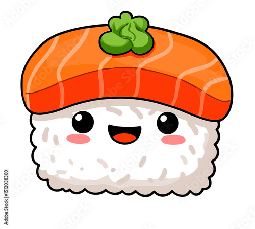 Vector illustration of a cheerful sushi roll character with a salmon topping and smiling face