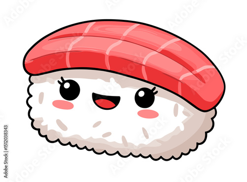 Vector illustration of a happy sushi roll character with a red fish topping and a smiling face
