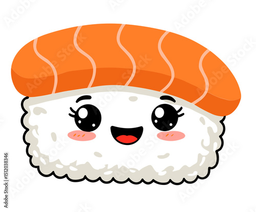 Vector illustration of a cheerful sushi roll character with a bright orange topping and a smiling face