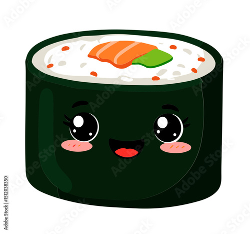 Vector illustration of a delightful sushi roll with salmon and avocado, featuring a happy character face