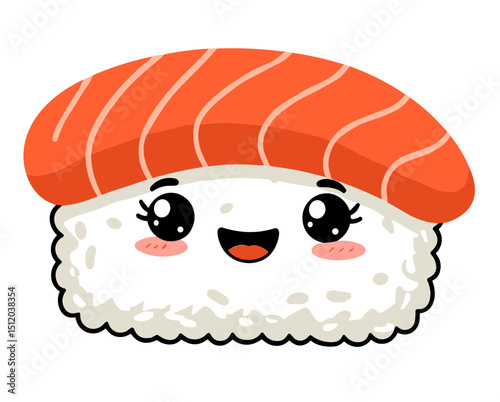 Vector illustration of a happy sushi roll character with a bright orange topping and a cheerful face