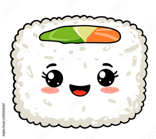 Vector illustration of a cute sushi roll character with a happy face and colorful filling