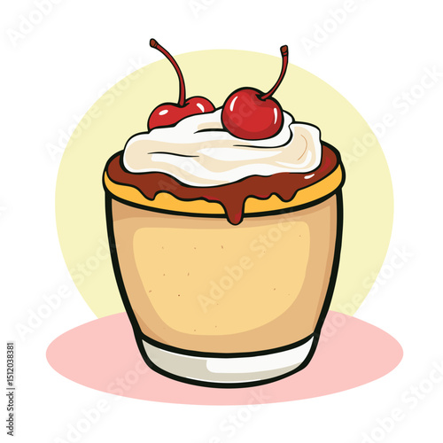 Vector illustration of a delicious dessert cup topped with cream and cherries