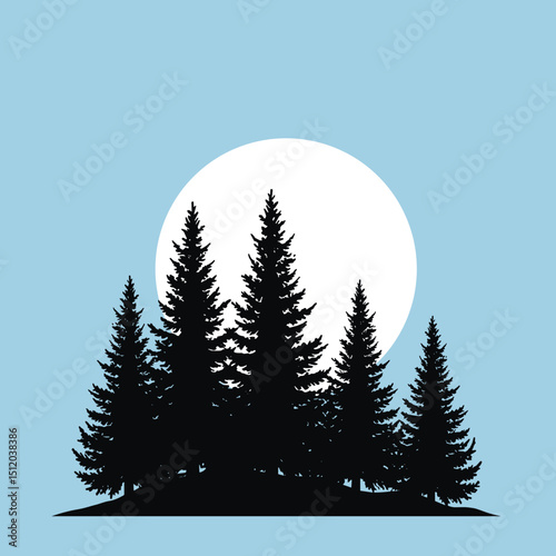 Vector illustration of silhouette of pine trees against blue sky and sun with copy space