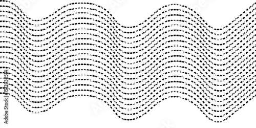 Geometric Abstract Vector Background with Alternating Black Dashed and Grid Dot Lines in Wavy Pattern, Geometric Wavy lines with 3d Fluid Motion Effect, creat patterns for curtain, cushion, wallpaper