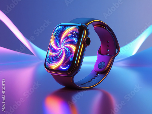 Smartwatch in Vibrant Display: An eye-catching smartwatch showcases a colorful display, set against an abstract backdrop of light and shadows.