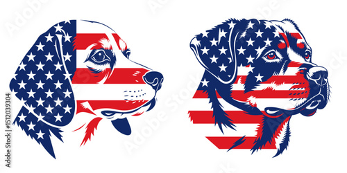Beagle Dog Rottweiler Dog. 4th of July Independence Day American Flag Patriotism Usa America Clipart Vector Illustration. Canine breed guide and hound for adoption care.