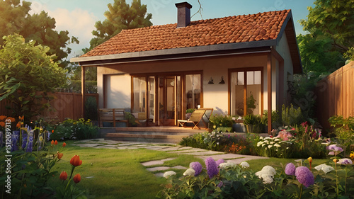 inviting family home concept illustration Modern suburban house with garage and illuminated windows at dusk blue sky background Generate AI,