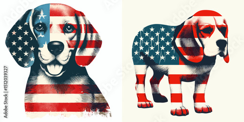 Beagle Dog1. 4th of July Independence Day American Flag Patriotism Usa America Clipart Vector Illustration. Diminutive canine companion uncovering details on the breeds nature.