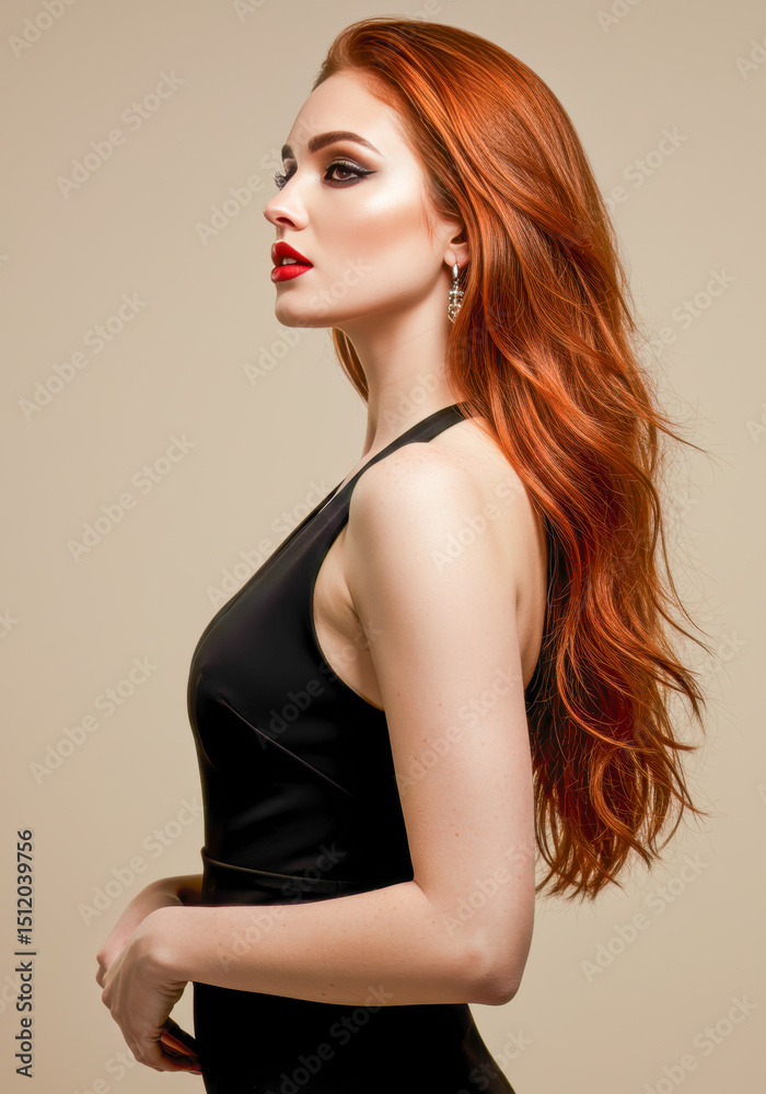 Fototapeta premium Elegant Redhead Woman in Black Dress Studio Portrait Long Hair Beauty Fashion