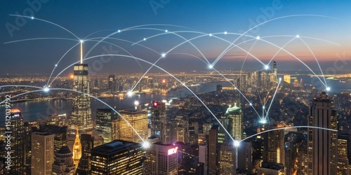 Connected Cityscape Network Over New York at Night , Smart City, Connectivity