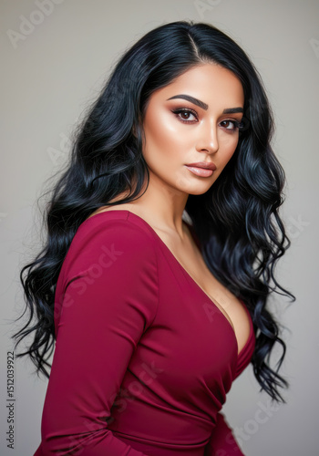 Beautiful Woman with Long Black Hair in Burgundy Dress Elegant Portrait Studio Shot