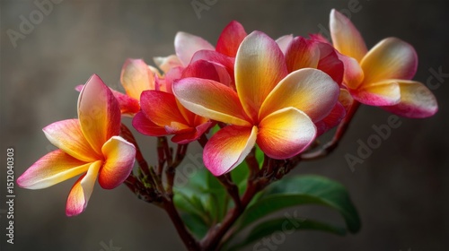 Close Up of Pink Yellow White Plumeria Blossoms