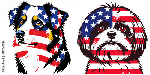 Australian Shepherd Dog Shih Tzu Dog. 4th of July Independence Day American Flag Patriotism Usa America Clipart Vector Illustration. Herding canine tiny asian breed temperament care.
