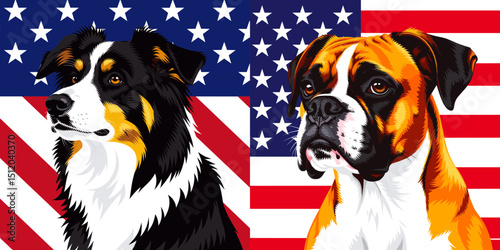 Australian Shepherd Dog Boxer Dog. 4th of July Independence Day American Flag Patriotism Usa America Clipart Vector Illustration. Canine breed aussie herder along with the athletic playful.