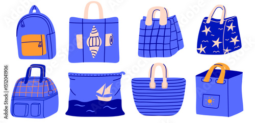 Set of blue summer different bags and backpack for traveling and storing things. Vector clipart