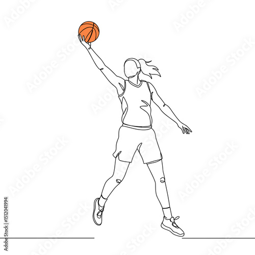 Female basketball player jumping to shoot ball in dynamic pose, concept of team sports  