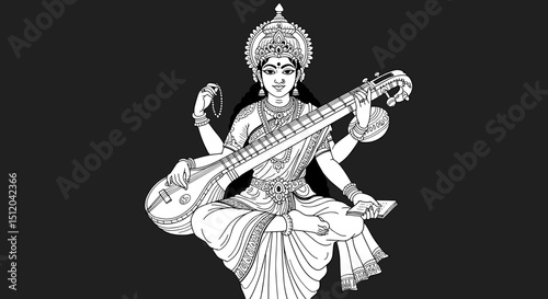 Saraswati playing the veena in line art representation of Indian gods  