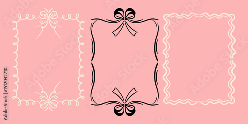 Collection of wavy line frames with bows and swirls. Minimalist line art borders for romantic cards, kids birthday party, or girly social media graphics. Hand drawn doodle vector illustration