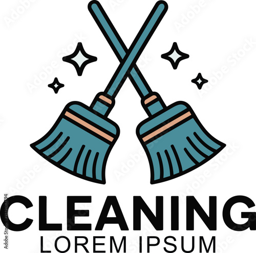 Modern Cleaning Service Logo with Crossed Brooms and Sparkling Stars for Professional Cleaning