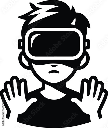 Boy using VR headset with hands outstretched in virtual interaction vector illustration