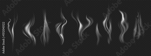 Realistic Smoke Effect Vector Set on Transparent Background. flowing smoke effect soft white tones, ideal for overlays, digital art, visual effects, backgrounds, promo banners, or atmospheric designs