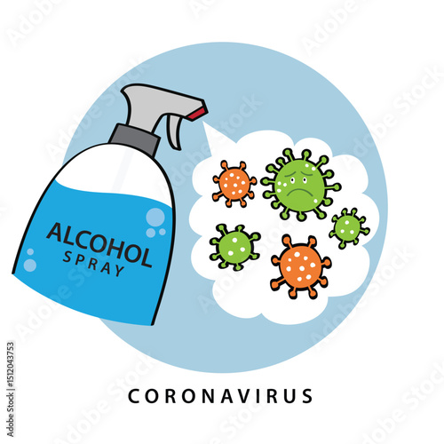 Alcohol spray for cleaning germ, bacteria. Illustrations concept coronavirus COVID-19.