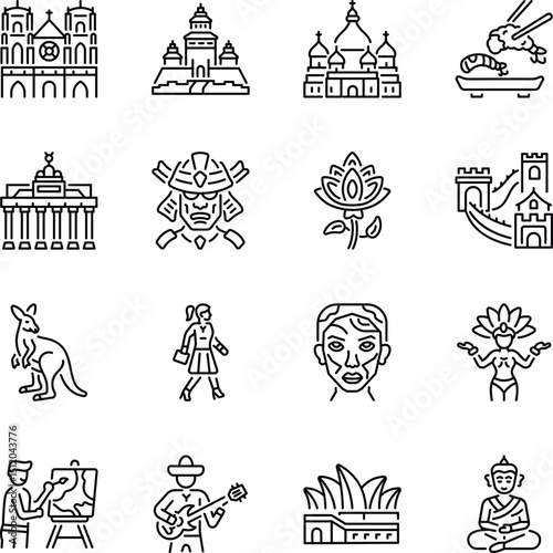 Pack of Country Landmarks and Traditions Line Icons 

