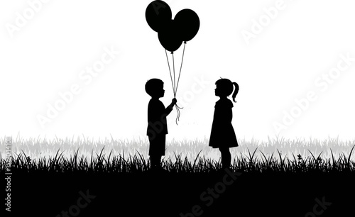 Silhouette of Boy Giving Girl Balloons Childhood Innocence and Sweet Gesture