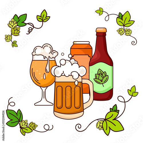 Beer Glasses, Bottle and Can with Foam and Hops and Leaves vector illustration. Design of brewery branding, Oktoberfest graphics, pub menus, posters, packaging, and promotional materials