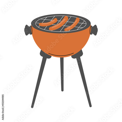 Grilling sausages on a barbecue for a summer gathering in the backyard. Flat style vector illustration.