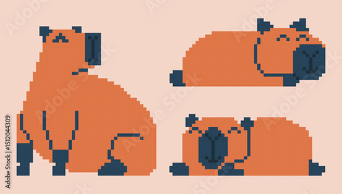 Set of cute pixel art capybaras in various poses. Vintage video game graphics or retro web design elements. Cute 8-bit animal sprites