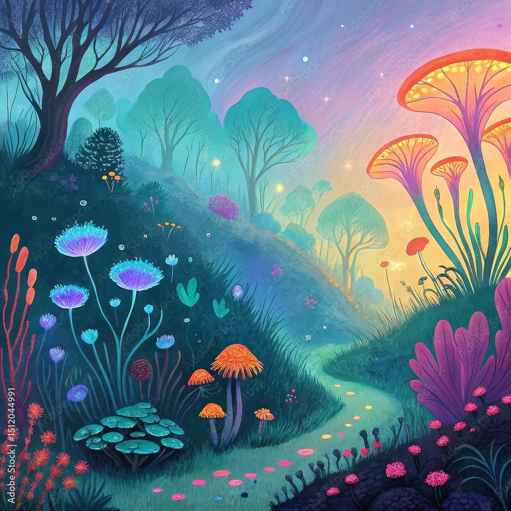 Naklejka premium Enchanted Forest Trail Colorful Glowing Flora and Mushrooms, Fantasy, Landscape